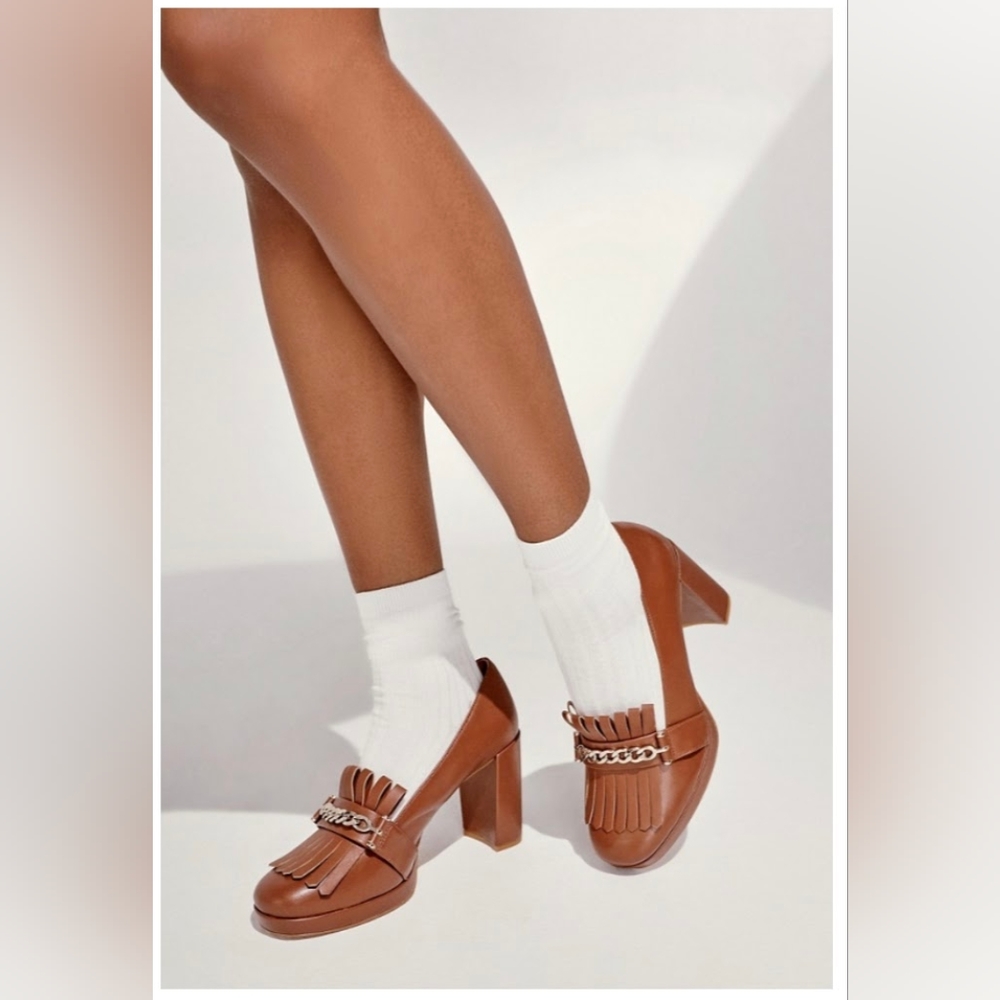 NWT JustFab Brown Fringe Platform Pump